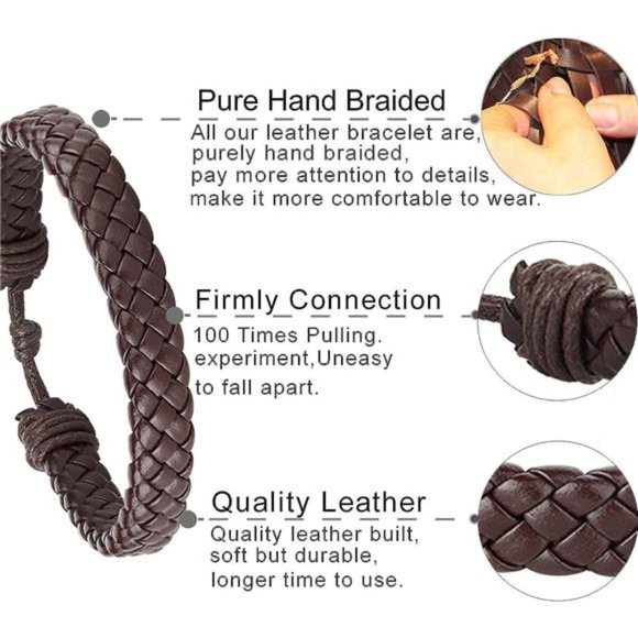 18Pcs Leather Bead Tribal Bracelet for Men Women Charm Ethnic Wood Beaded - Picture 6 of 6